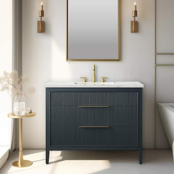 Emma 42 in. W Bath Vanity in Vintage Blue with Engineered Stone Top in Arabescato with White Sink