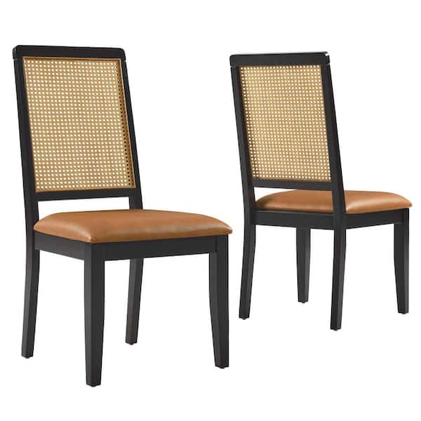 Arlo Faux Leather Upholstered Faux Rattan and Wood Dining Side Chairs - Set of 2 in Black Natural Tan