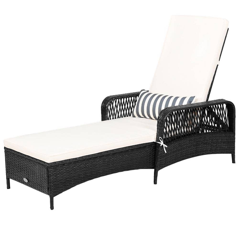 Black Wicker Outdoor Chaise Lounge Patio Reclining Chair with 6-Positions Adjustable Backrest and White Cushion price history on PriceWatchPro