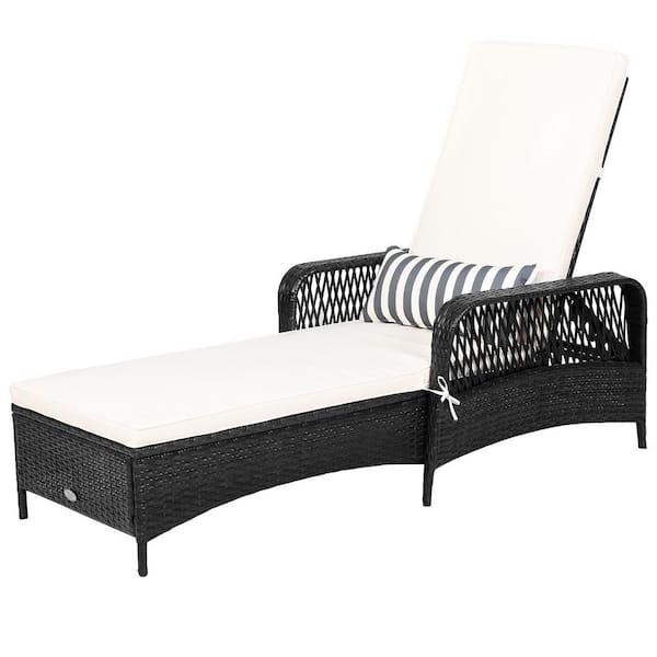 HONEY JOY Black Wicker Outdoor Chaise Lounge Patio Reclining Chair with 6-Positions Adjustable Backrest and White Cushion