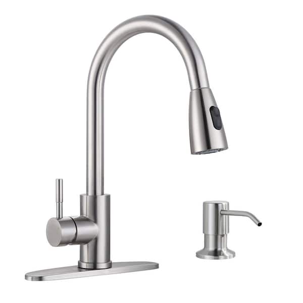 IVIGA Single-Handle Pull Out Sprayer Kitchen Faucet Included Deckplate and Soap Dispenser in Brushed Nickel