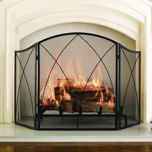 3 Panel Fireplace Screen Cover Black Steel Decorative Curved Arch Design Sparks 