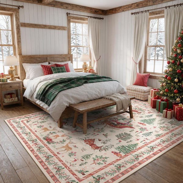 8 ft. x 10 ft. Beige Holiday Woodland Washable Area Rug