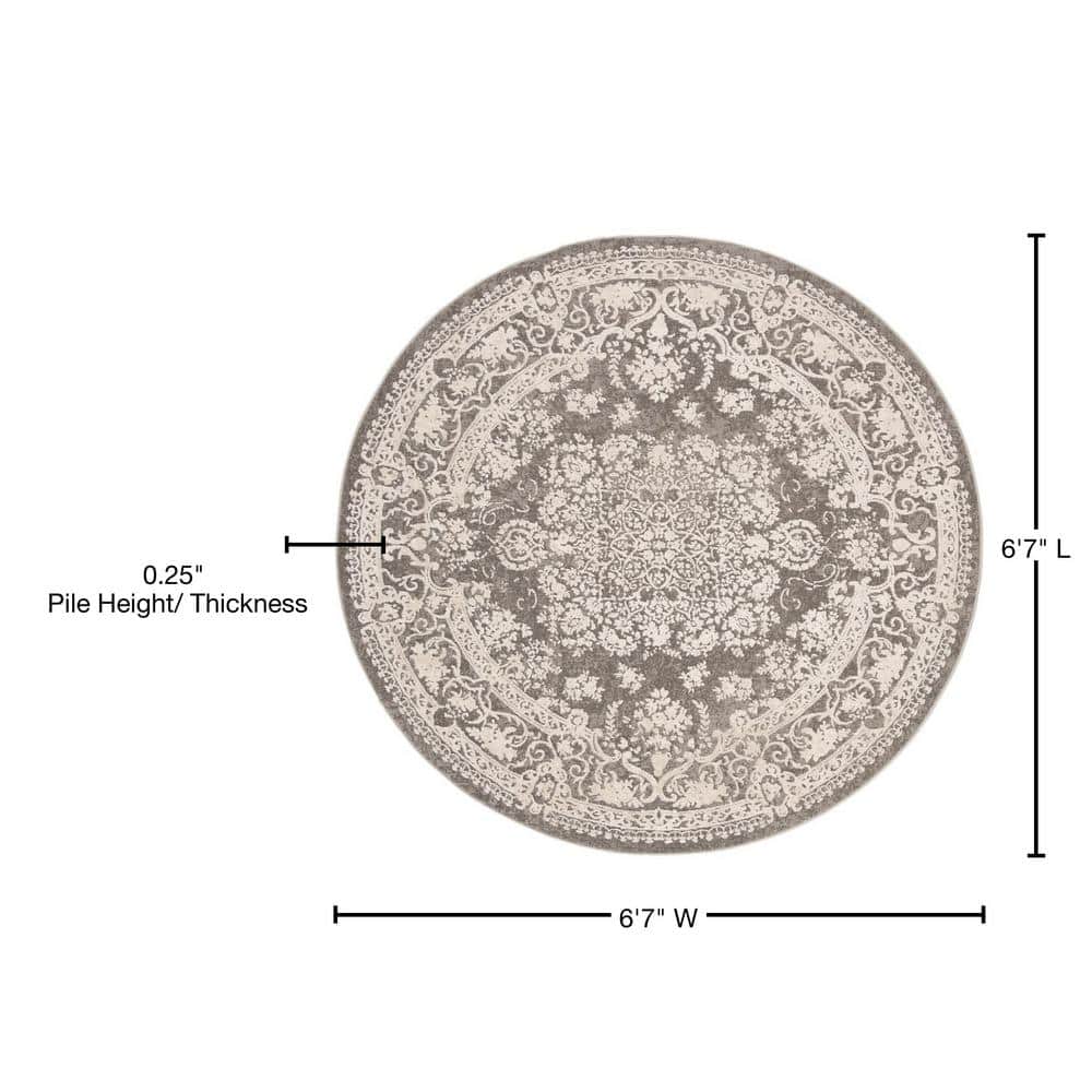 Round Dark Grey and Cream Synthetic Floral Area Rug
