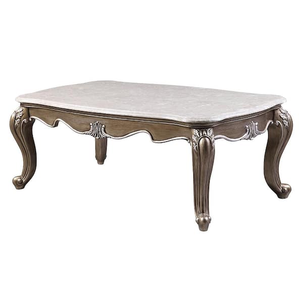 Acme Furniture Elozzol 54 in. Marble and Antique Bronze Rectangle Marble Coffee Table