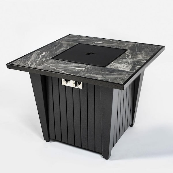 Luxe 32 in. x 24.8 in. Square Steel Outdoor Propane Fire Pit Kit in Grey, Rain Cover, Glass Beads, Wind Guard, 50000BTU