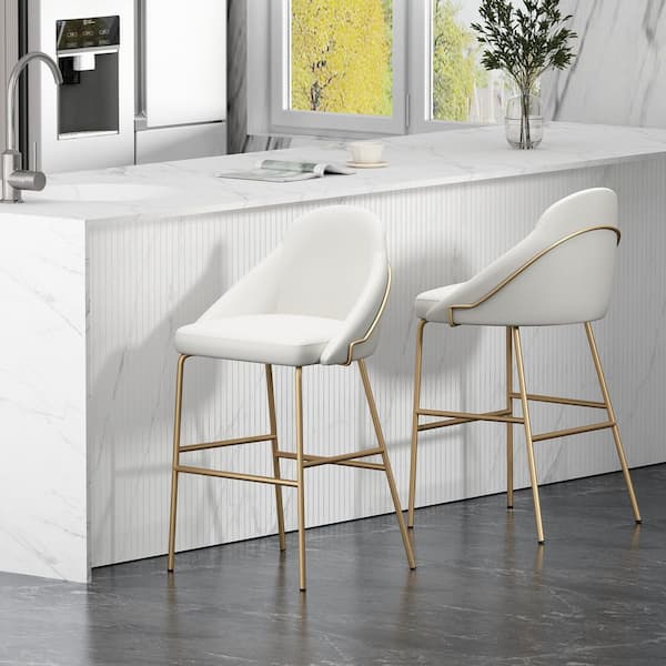 Manhattan Comfort Gracie 29.1 in. Modern White and Gold Metal Frame Bar Stool with Faux Leather Upholstered Seat (Set of 2)