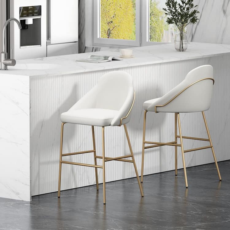 Manhattan Comfort Gracie 29.1 in. Modern White and Gold Metal Frame Bar Stool with Faux Leather Upholstered Seat (Set of 2)