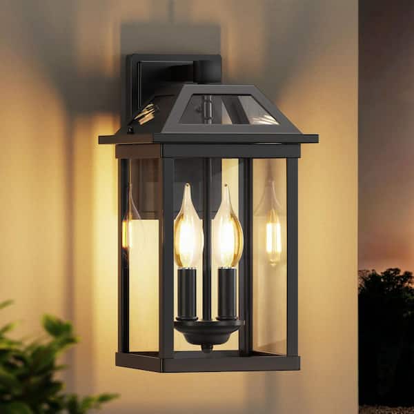 13.5 in. Large Outdoor Wall Sconce, 2-Light Black Porch Lamp with Tempered Glass, Waterproof Exterior Light Fixture