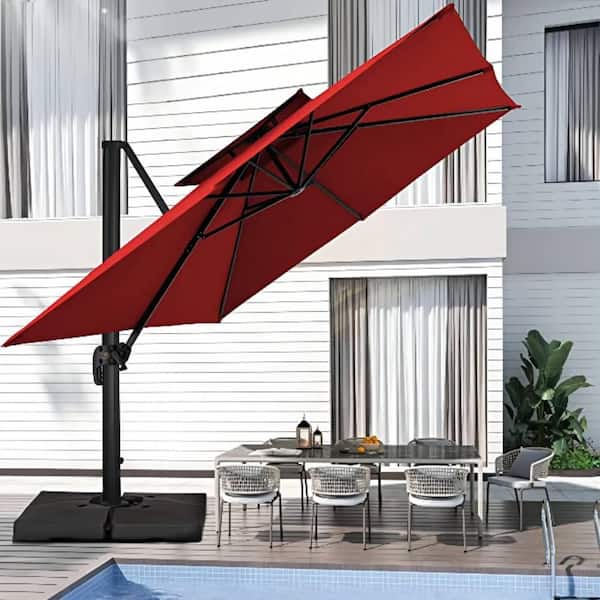 JEAREY 12 ft. x 12 ft. Square Two-Tier Top Rotation Outdoor Cantilever Patio Umbrella with Cover in Red