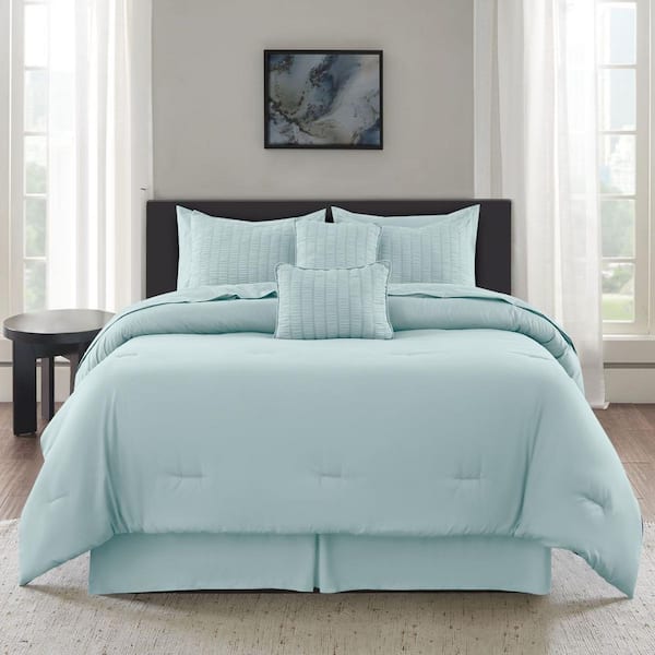 LDC LUX DECOR COLLECTION 10-Piece Blue Solid Color Microfiber King Bed in a Bag