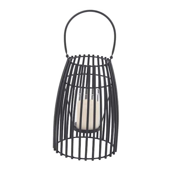Litton Lane 12 in. H Black Metal Decorative Candle Lantern with Handle