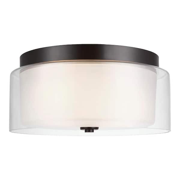 Elmwood Park 14 in. 2-Light Bronze Modern Transitional Flush Mount with Satin Etched Glass Shade and LED Light Bulbs