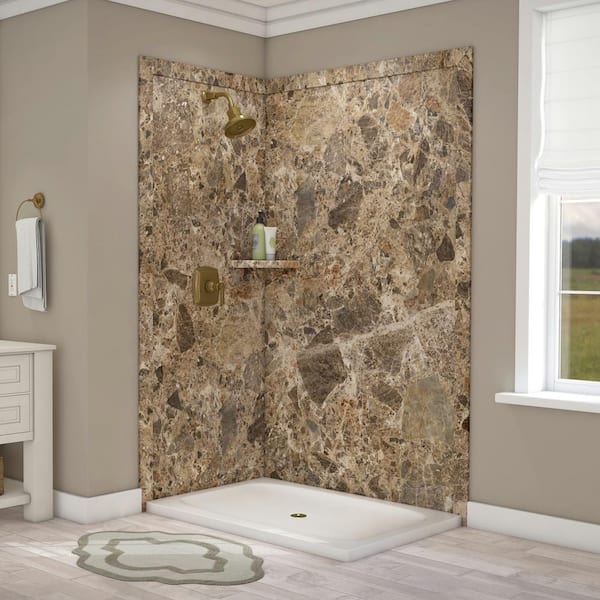 FlexStone Elegance 36 in. x 48 in. x 80 in. 7-Piece Easy Up Adhesive Corner Shower Wall Surround in Breccia Paradiso