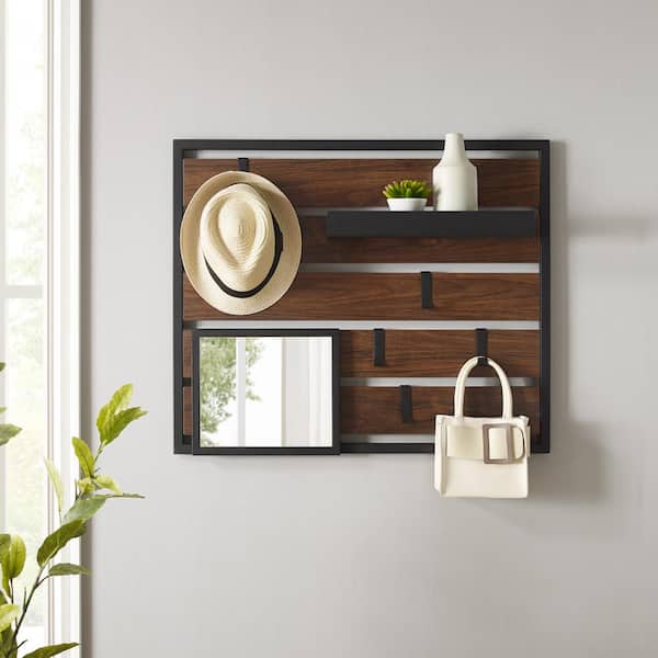 Walker Edison Furniture Company Dark Walnut/Black Wood and Metal Industrial Wall Organizer with Hooks