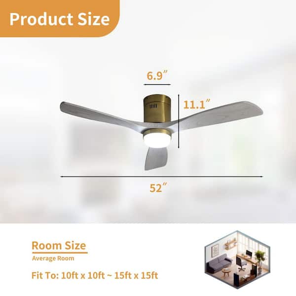 52 in. Integrated LED Indoor Flush Mount Grey Oak Standard Ceiling Fan with Dimmable Light and Remote DC Motor