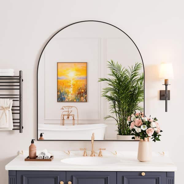 Black 30 in W x 34 in. H Modern Arched Metal Wall Mirror for Living Room Bedroom Mantel Entryway Hallways