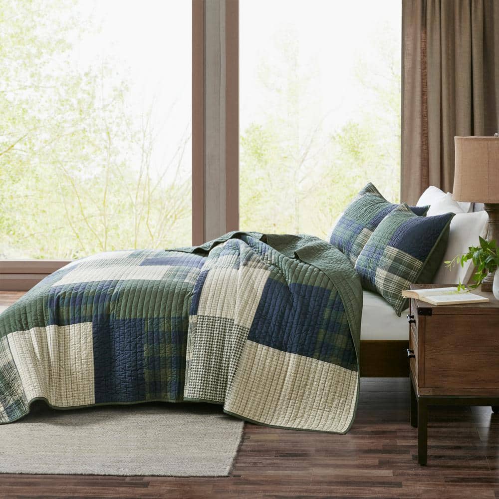 Navy and Green Cotton Patchwork Twin Quilt Set