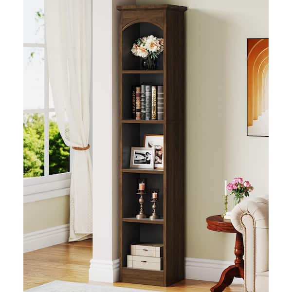BYBLIGHT 70.86 in. Tall Walnut Brown Engineered Wood 5-Shelf Corner Bookcase, Narrow Bookshelf for Living Room