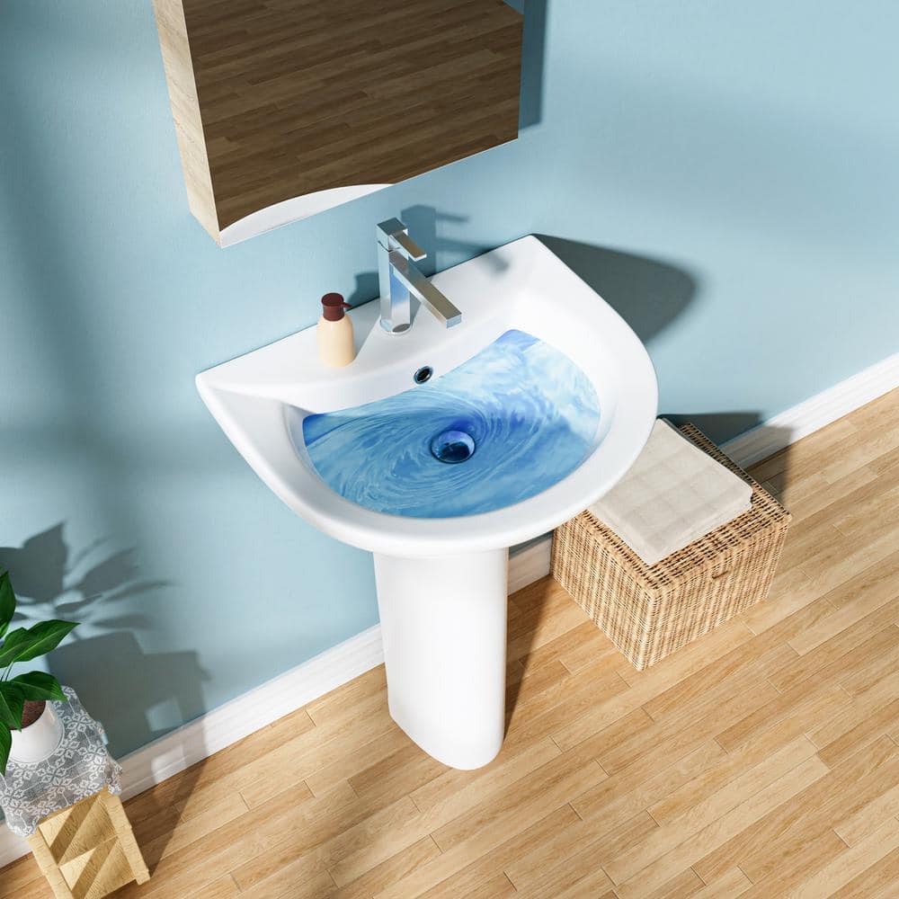 White Ceramic Gloss Pedestal Bathroom Sink with Overflow Drain