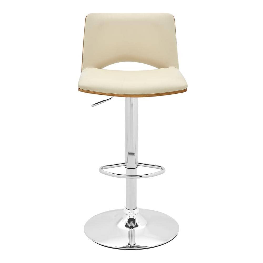 Contemporary Cream Leather & Walnut Swivel Adjustable Bar Stool