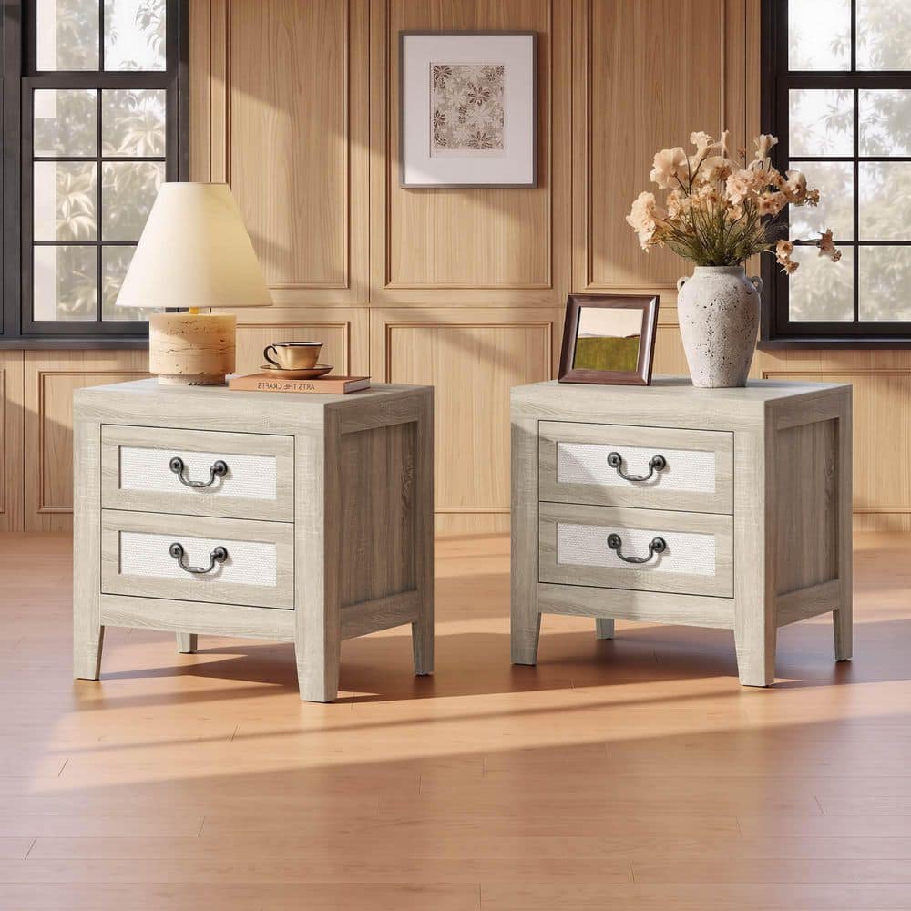 Sonic Cream 21.5 in. Modern Transitional Nightstand with Charging Station, 2 Drawers, USB & Type-C Ports, (Set of 2)
