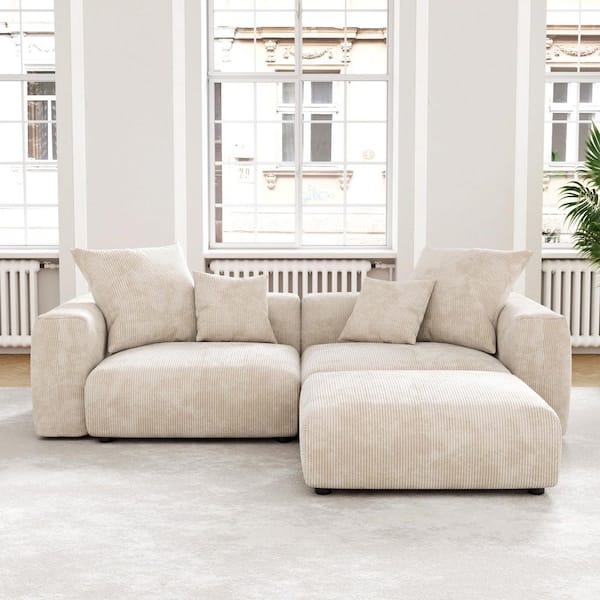 Modern 102 in. Square Arm Corduroy Modular Oversized Floor Sofa Couch with 4 Pillows, Ottoman,Removable Covers in Beige