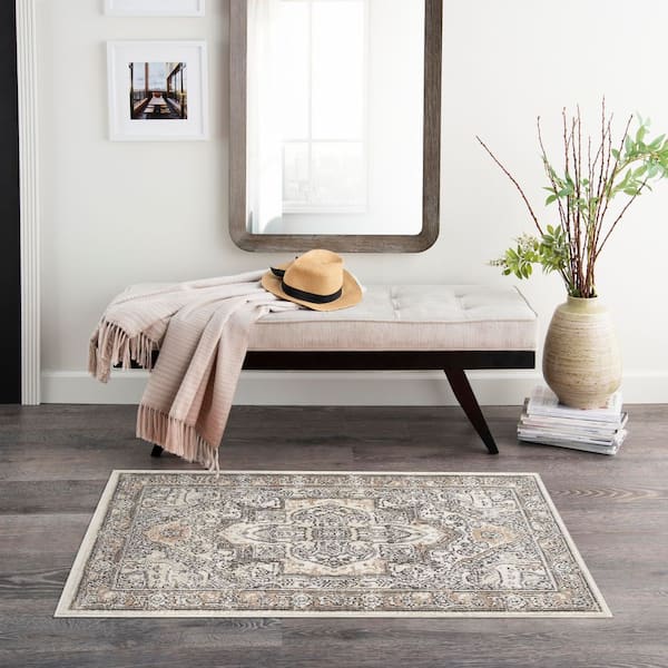 Concerto Ivory Grey Taupe 2 ft. x 4 ft. Center medallion Traditional Area Rug