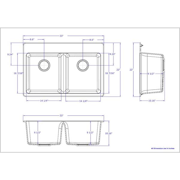 Dual Mount Granite Composite 33 in. L x 22 in. L x 9.5 in. 0-5 Faucet Holes Double Equal Bowl Kitchen Sink in White