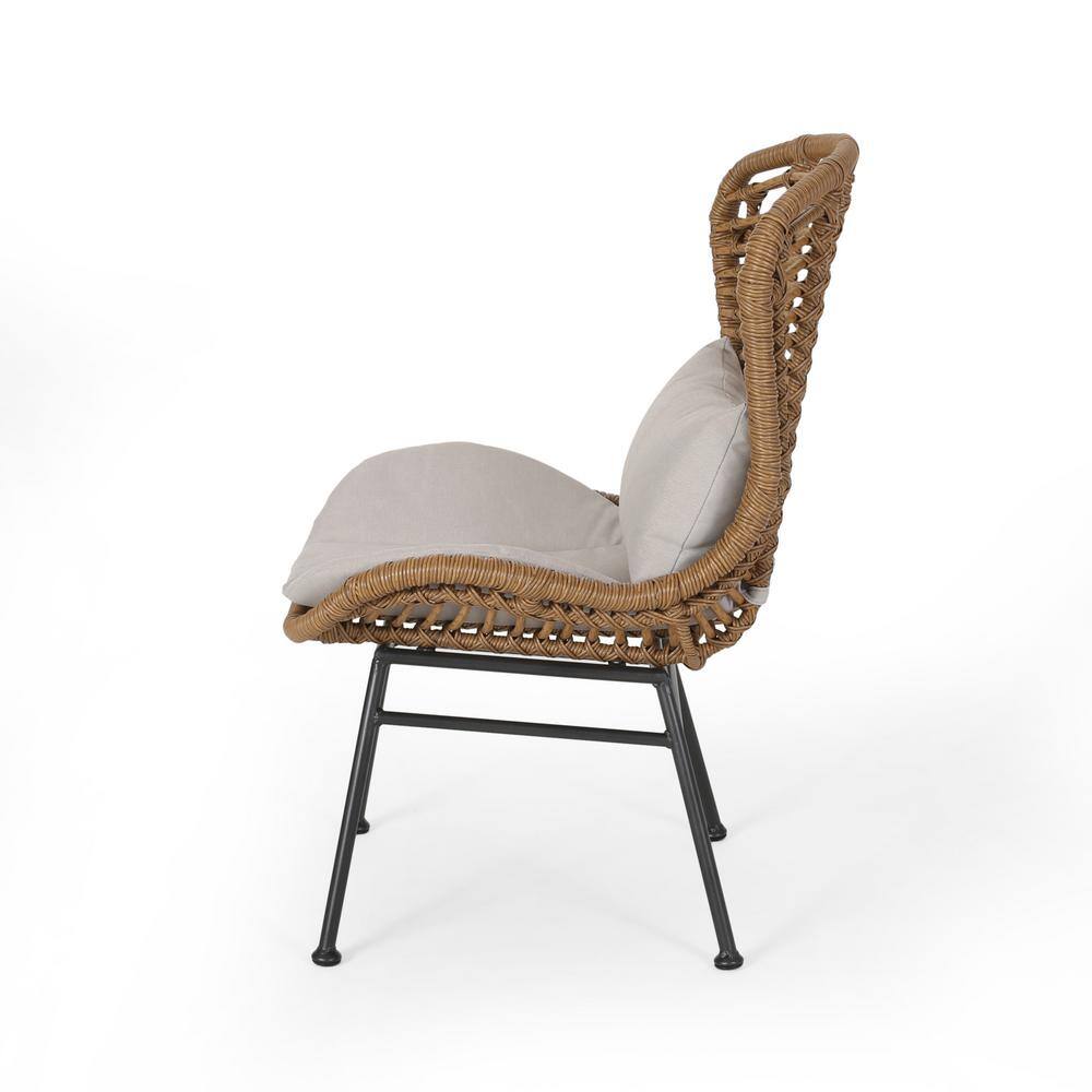 Light Brown Faux Rattan Armless Patio Chairs with Beige Cushions
