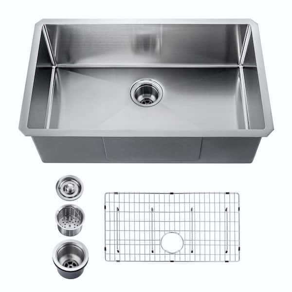 30 in. Undermount 16-Gauge Stainless Steel Single Bowl Kitchen Sink with Basket Strainer