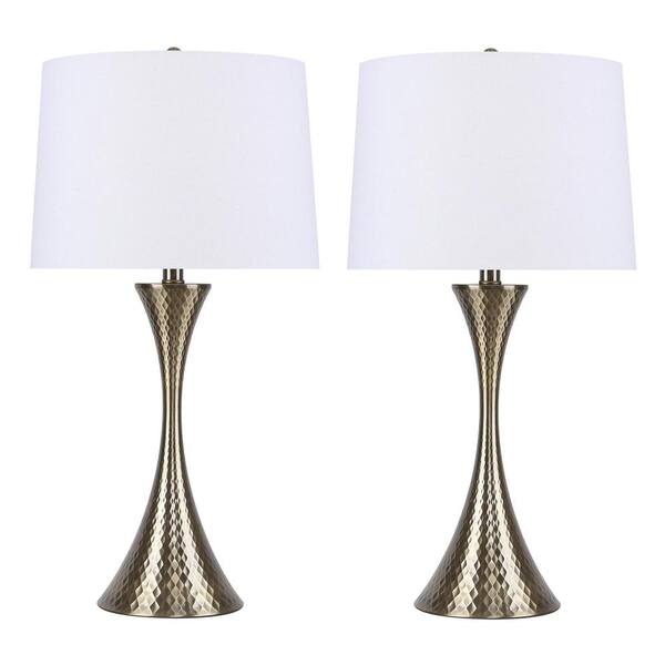 GRANDVIEW GALLERY 26.5 in. Antique Soft Brass Table Lamps with Textured Geometric Design and Off-White Linen Shades (2-Pack)
