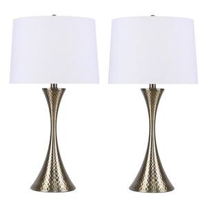26.5 in. Antique Soft Brass Table Lamps with Textured Geometric Design and Off-White Linen Shades (2-Pack)