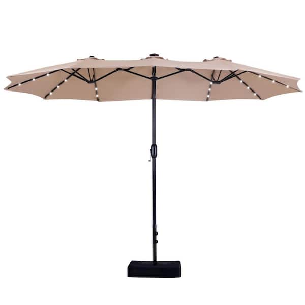 PHI VILLA 15 ft. Market Patio Umbrella With Lights Base and Sandbags in Beige
