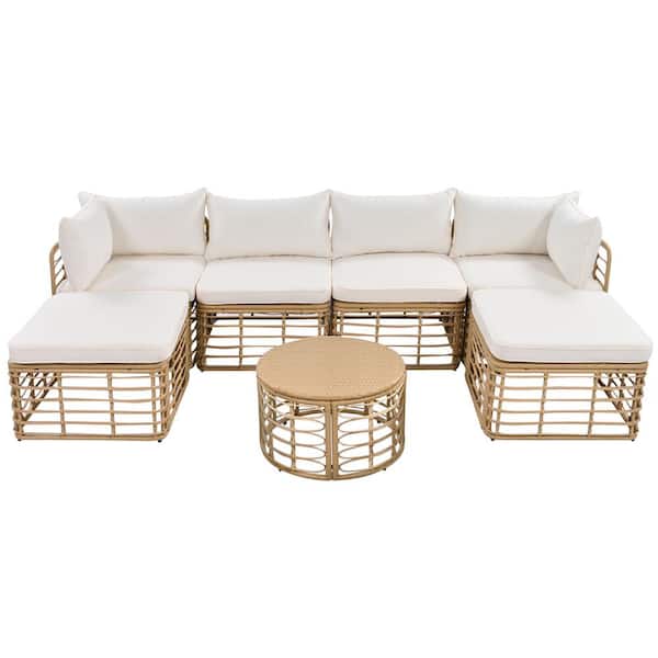 Unbranded 7 Pieces Wicker Patio Conversation Seating Set All Weather Sectional Sofa Set with Beige Cushions and Coffee Table