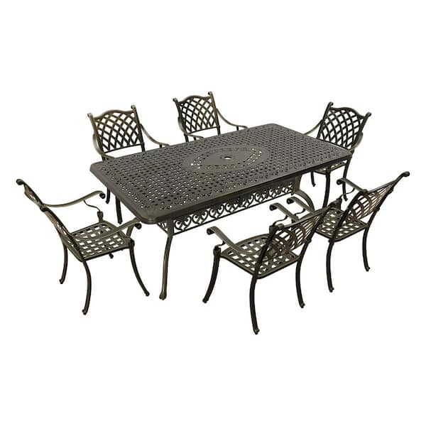 Mondawe 7-Piece Antique Bronze Cast Aluminum Outdoor Dining Set with 71 in. Rectangular Table and 6 Dining Chairs