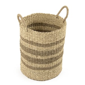 Cylindrical Handmade Woven Wicker Seasgrass Palm Leaf Wire Medium Basket with Stripes and Handles