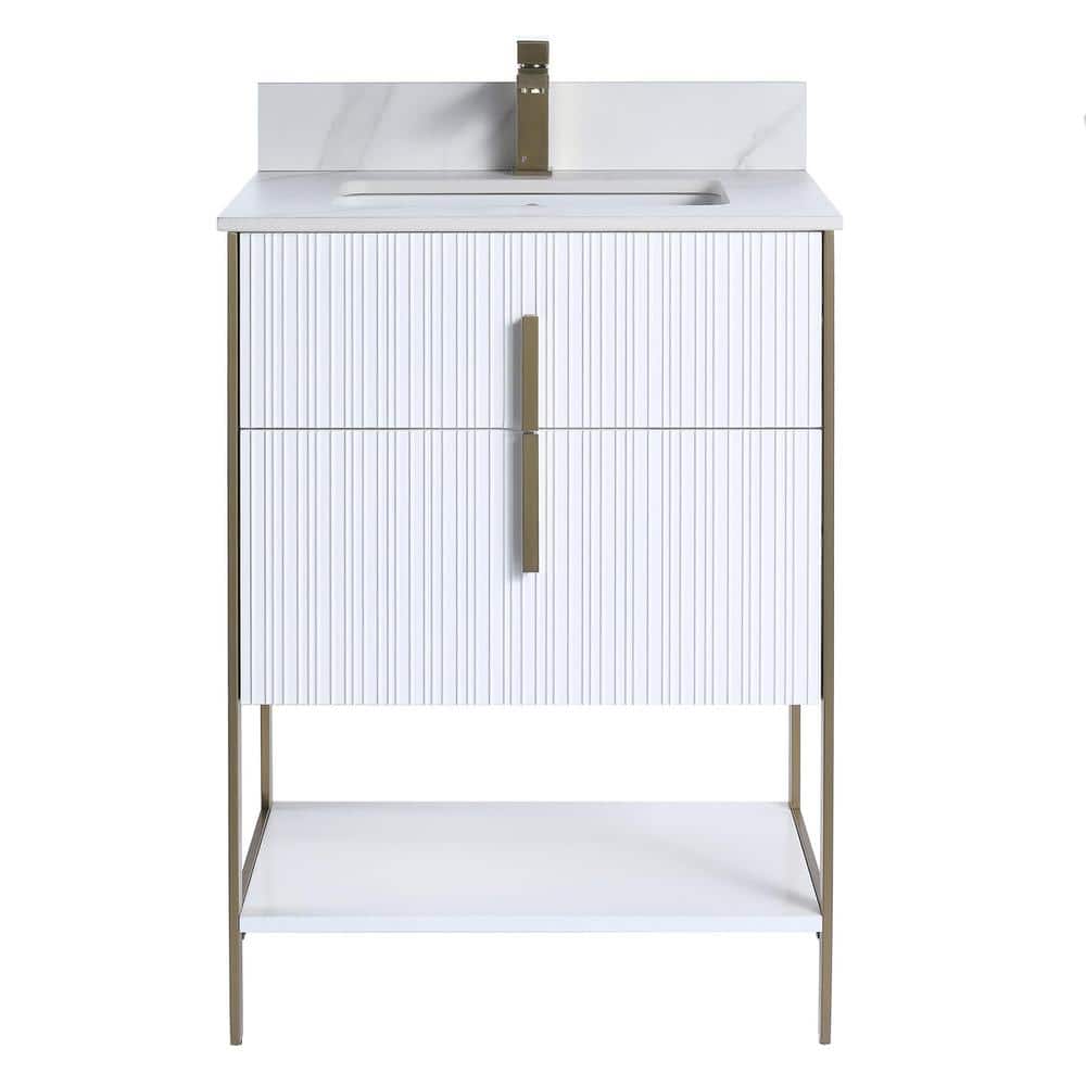 24 in. W x 18 in. D x 33.5 in. H Bath Vanity in White with White Carrara Sintered Stone Top with Satin Brass Hardware price history on PriceWatchPro