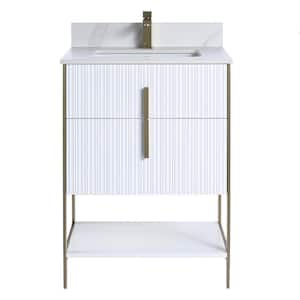 24 in. W x 18 in. D x 33.5 in. H Bath Vanity in White with White Carrara Sintered Stone Top with Satin Brass Hardware