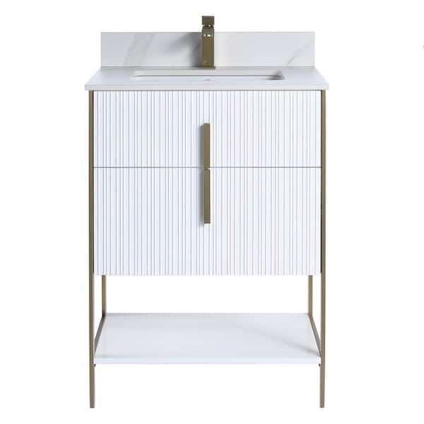 FINE FIXTURES 24 in. W x 18 in. D x 33.5 in. H Bath Vanity in White with White Carrara Sintered Stone Top with Satin Brass Hardware