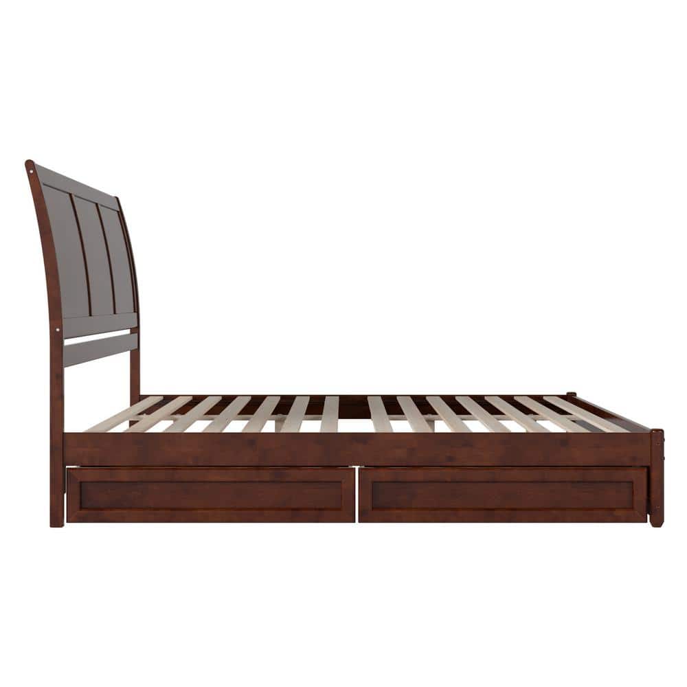 Walnut King Platform Bed with Storage Drawers and Wood Headboard