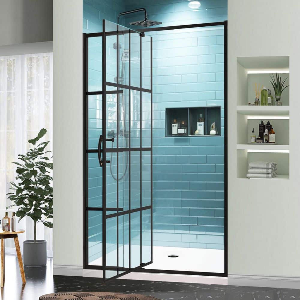 38-42 in. W x 71 in. H Pivot Semi-Frameless Shower Door in Matte Black with SGCC Tempered Clear Grid Glass price history on PriceWatchPro