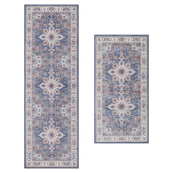 Aliyeh Navy 2 ft. x 6 ft. Woven Medallion Polyester 2-Piece Rug Set