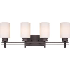 Carena Collection 28 in. 4-Light Indoor Antique Bronze Vanity Light with Etched White Cased Glass Cylinder Shades