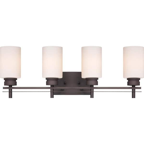 Volume Lighting Carena Collection 28 in. 4-Light Indoor Antique Bronze Vanity Light with Etched White Cased Glass Cylinder Shades