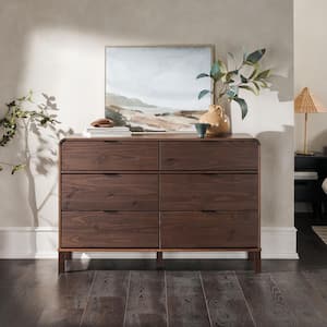 6-Drawer Brown Modern Solid Pine Wood Dresser with Metal Pulls and Curved Design