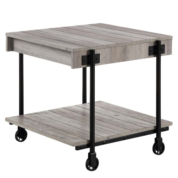 Furniture of America Bargib 23.63 in. Black and Natural Tone Square Wood End Table with Wheels