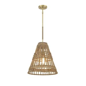 16 in. W x 17 in. H 1-Light Natural Brass Statement Pendant Light with Natural Rattan Shade