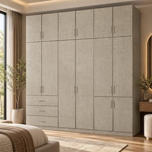 Beige-E Wood 94.5 in. Armoire with 5-Drawer, Pants Rack, Hanging Rod, 3-Top Cabinets for Bedroom Storage