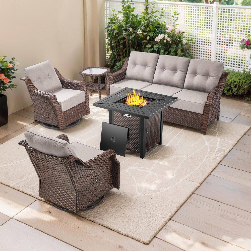 Arcus Brown 5-Piece Wicker Patio Conversation Set with Swivel Gliders, Outdoor Sofa Seating Sets with Beige Cushions price history on PriceWatchPro